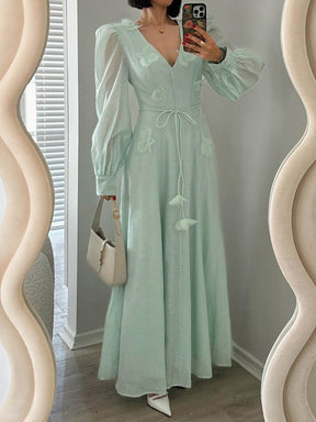 3D Flower V Neck Long Sleeve Belted Maxi Dress