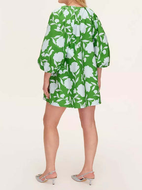 Printed V Neck Long Sleeve Mini Dress