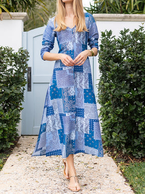 Printed Button-up V Neck Slit Hem Dress