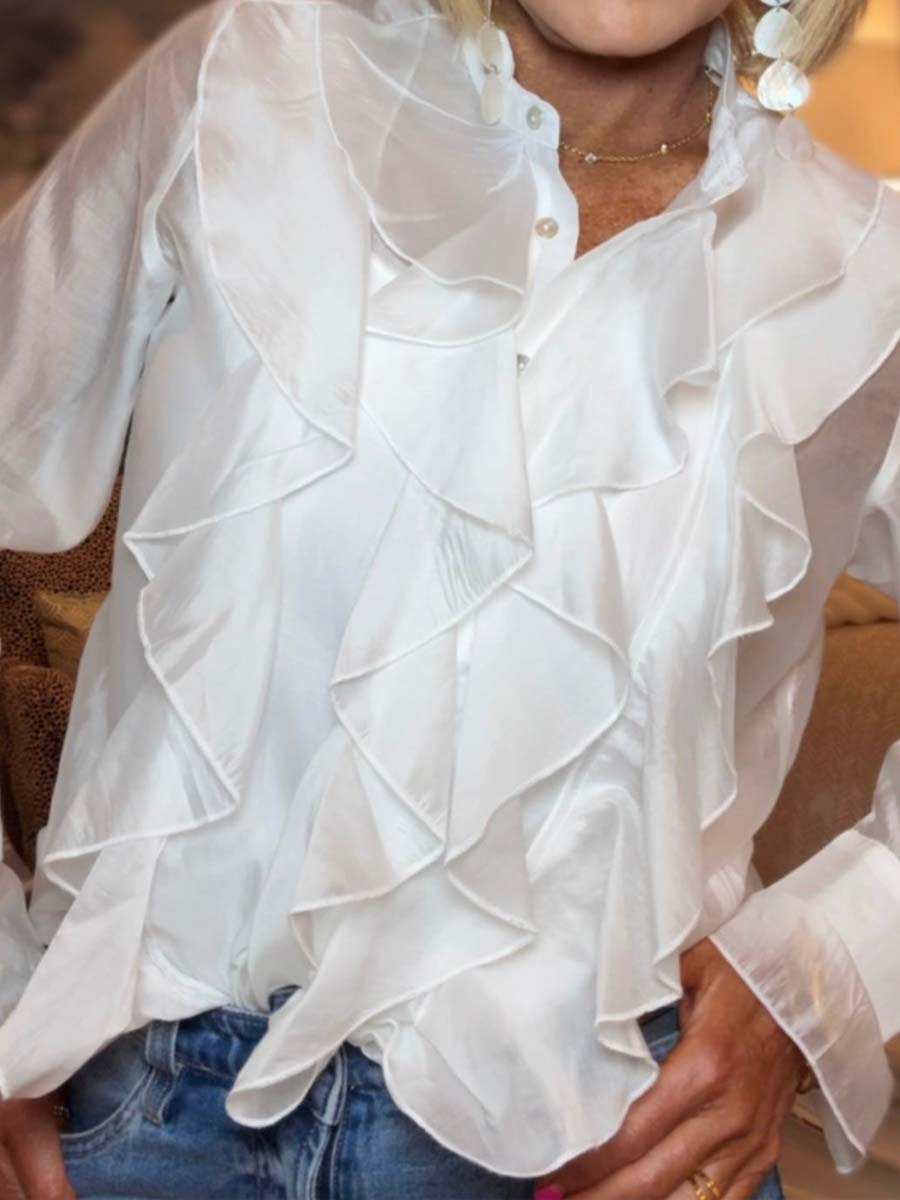 Stand Collar Ruffled Long Sleeve Shirt