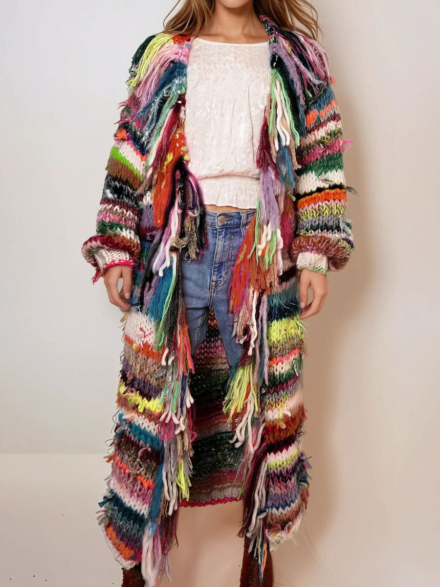 Multicolor Sweater Fringed Cardigan
