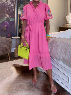 Ruffled Short Sleeve Belted Midi Dress