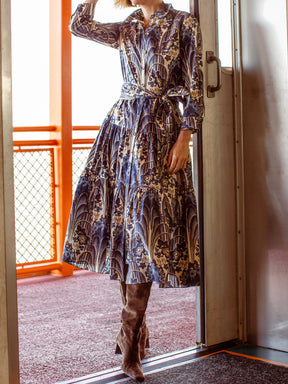 Placed Print Long Sleeve Belted Dress