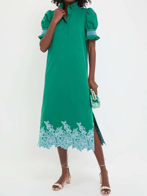 Smocked Ruffle Cuff Embroidery Midi Dress