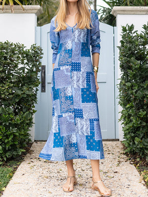 Printed Button-up V Neck Slit Hem Dress