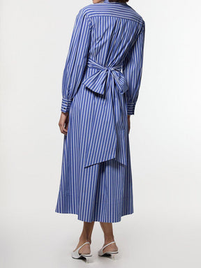 Stripe Long Balloon Sleeves Woven Wrap Detail Shirt Dress