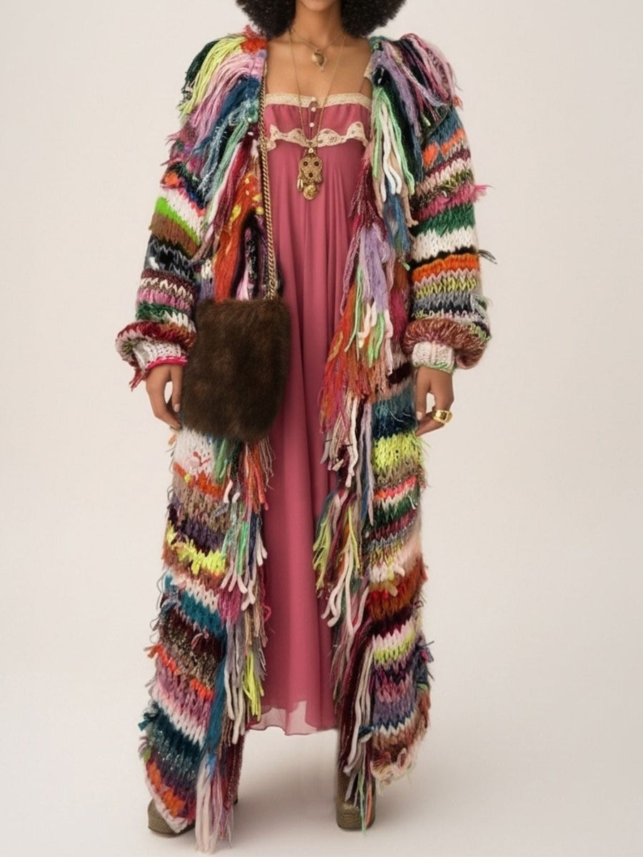 Multicolor Sweater Fringed Cardigan