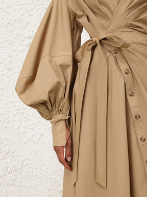 Asymmetrical Hem Blouson Sleeves Wrap Dress