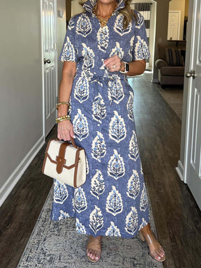 Printed Drawstring Waist Ruffled Dress