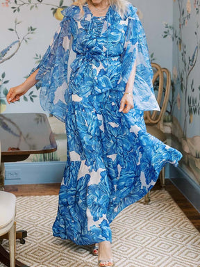 Printed Chiffon Lace Up Neck Maxi Dress