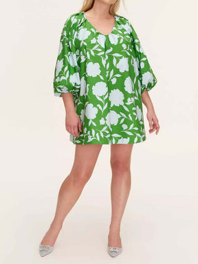 Printed V Neck Long Sleeve Mini Dress
