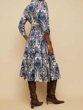 Placed Print Long Sleeve Belted Dress