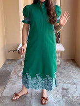 Smocked Ruffle Cuff Embroidery Midi Dress