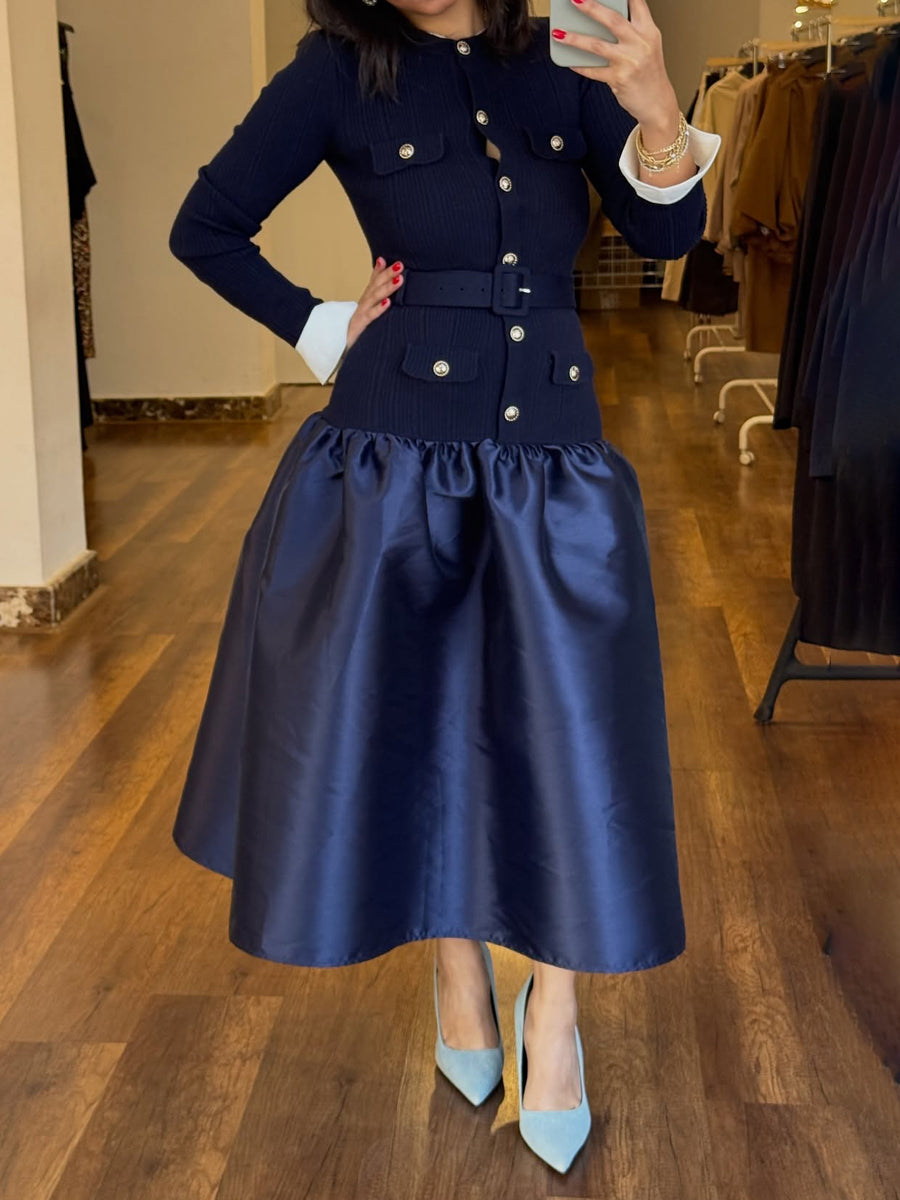 Gold Buttons Contrast Trims Dropped Waist Dress