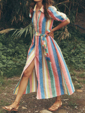 Rainbow Stripe Belted Maxi Dress