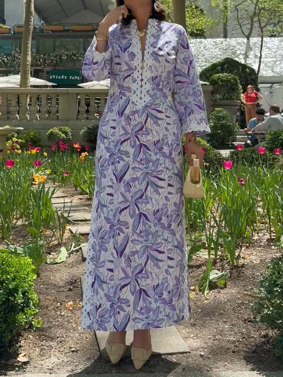 Printed Slit Hem Lace Maxi Dress
