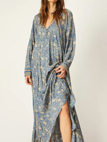 Deep V-neck With Covered Buttons Printed Dress