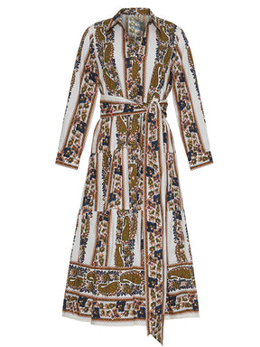 Placed Print Long Sleeve Belted Dress