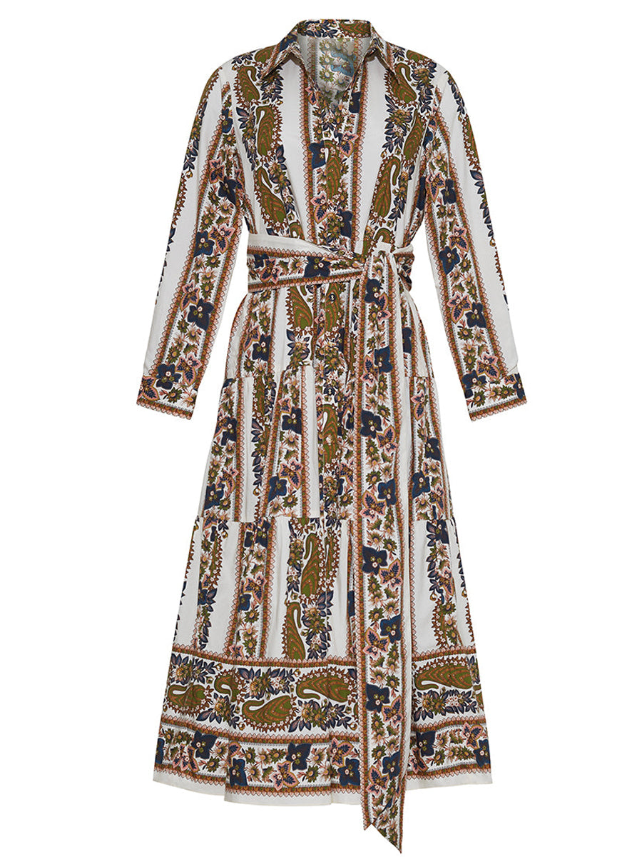 Placed Print Long Sleeve Belted Dress
