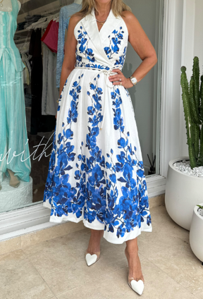Demure Blue Floral Sleveless Maxi Dress
