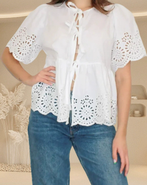 Eyelet Lace-Up Puff Sleeve Top