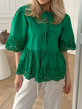 Eyelet Lace-Up Puff Sleeve Top