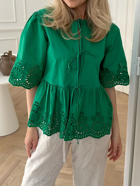 Eyelet Lace-Up Puff Sleeve Top
