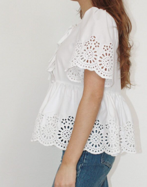 Eyelet Lace-Up Puff Sleeve Top