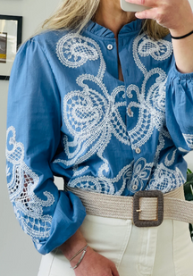 Chill Embroidered Wood-Edge Blouse