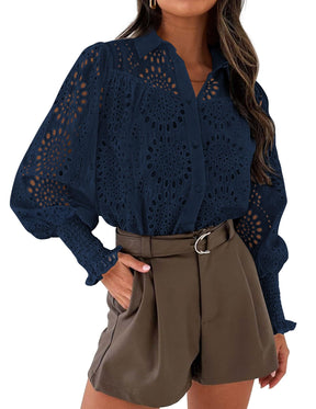 Puff Sleeve Eyelet Loose Fit Shirt