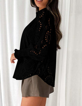 Puff Sleeve Eyelet Loose Fit Shirt