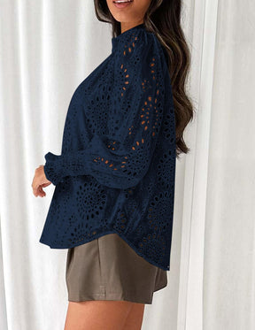 Puff Sleeve Eyelet Loose Fit Shirt