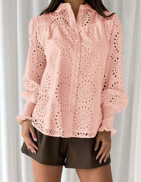 Puff Sleeve Eyelet Loose Fit Shirt