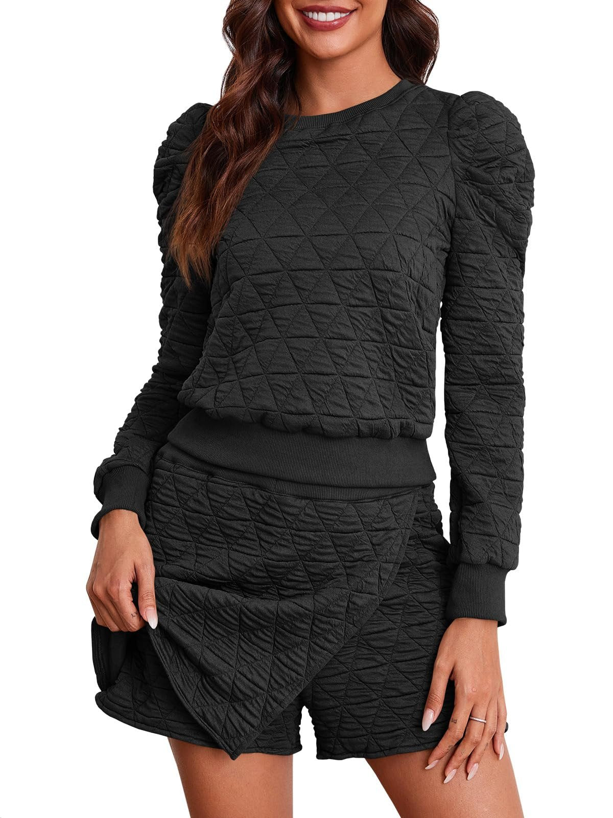 Long Sleeve Argyle Sweatshirts and Wrap Shorts Casual Sets