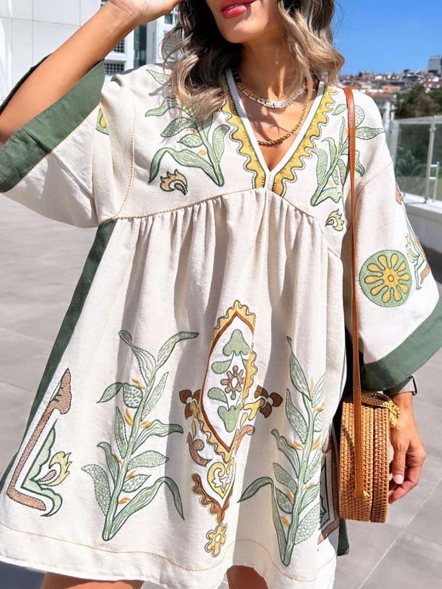 V-neck cotton embroidered loose dress