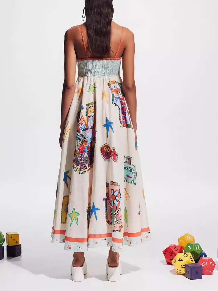 Graffiti cotton and linen print suspender dress