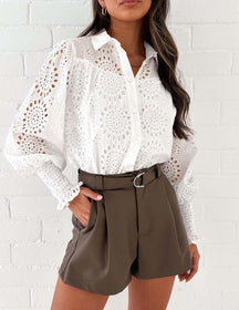 Puff Sleeve Eyelet Loose Fit Shirt