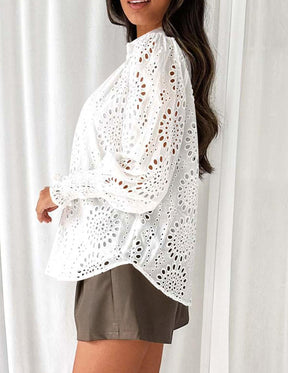 Puff Sleeve Eyelet Loose Fit Shirt