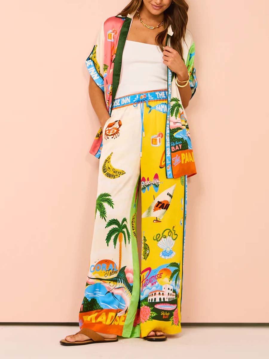 Graffiti print satin casual two-piece suit