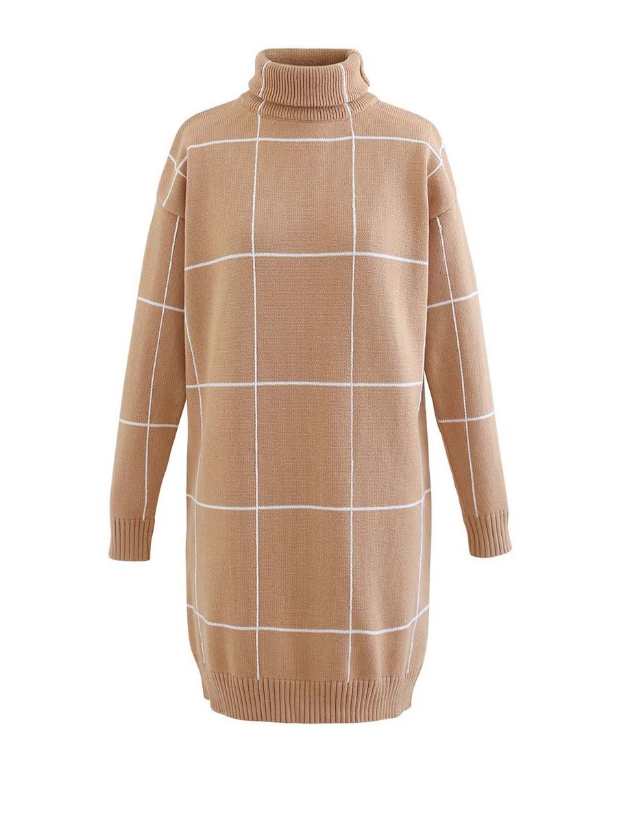 Grid Pattern Turtleneck Dress