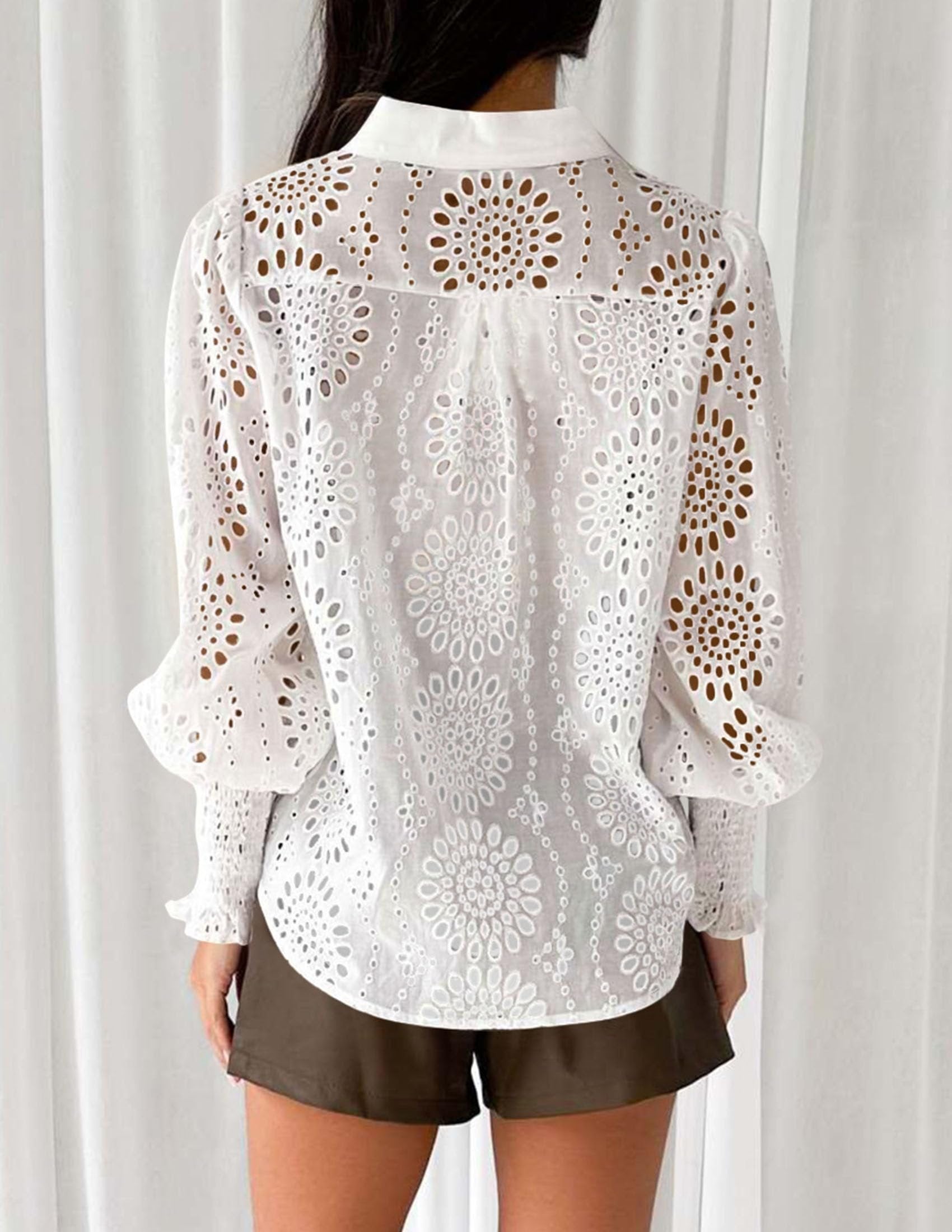 Puff Sleeve Eyelet Loose Fit Shirt