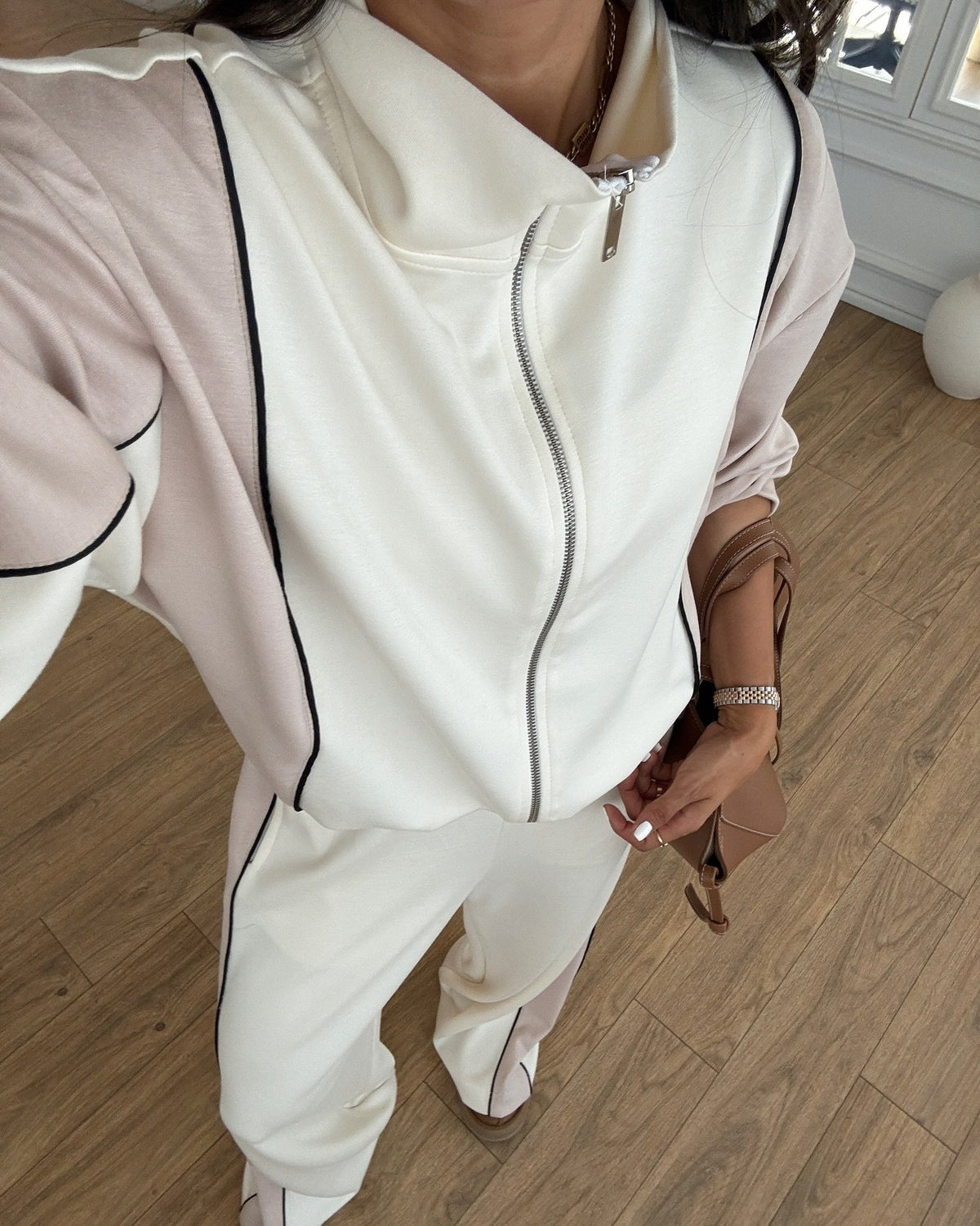 Contrast Color Loose Zip Track Suit