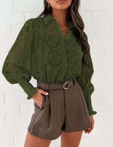 Puff Sleeve Eyelet Loose Fit Shirt