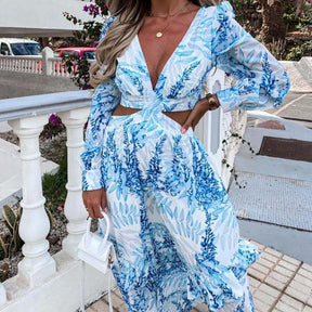 V Neck Hollow Out Maxi Dress