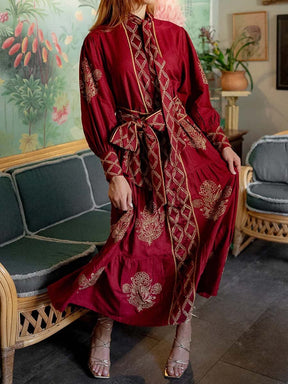 Elegant Print Long Sleeve Belted Dress