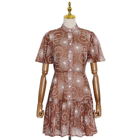 New Arrival Elegant Stand Collar Short Sleeve Printed Short Dress