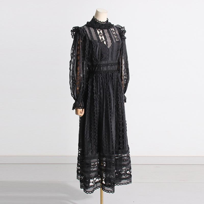 Lapel lantern sleeves embroidered hollow solid color dress