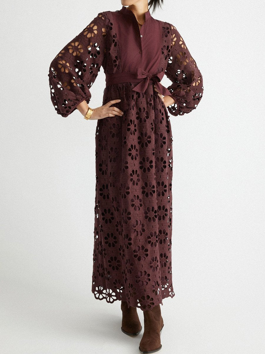 Elegant Lace Patchwork Belted Maxi Dress