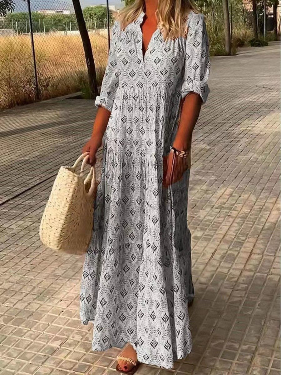 Printed Collar Loose Maxi Dress