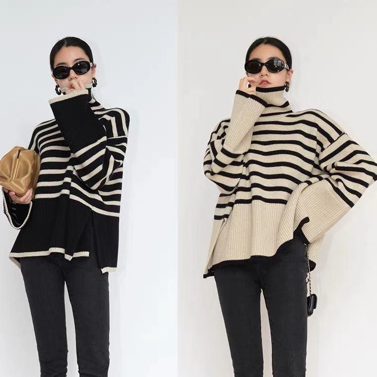 Women's striped loose turtleneck sweater